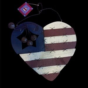 Patriotic Wooden Heart Door Wall Decor Red White Blue Striped Bells 4th of July